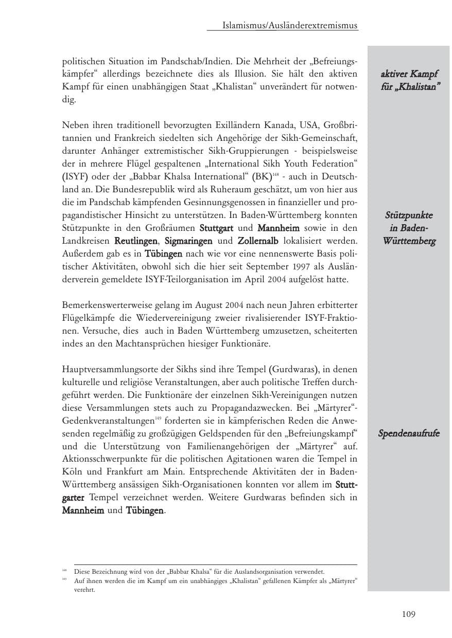 Seite 110 des Verfassungsschutzbericht 2004 Baden-Württemberg