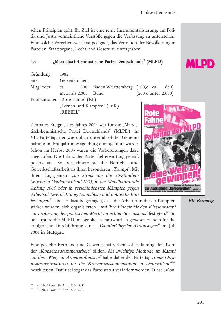 Seite 202 des Verfassungsschutzbericht 2004 Baden-Württemberg