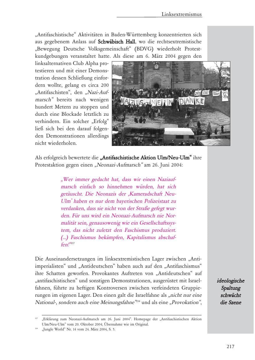 Seite 218 des Verfassungsschutzbericht 2004 Baden-Württemberg
