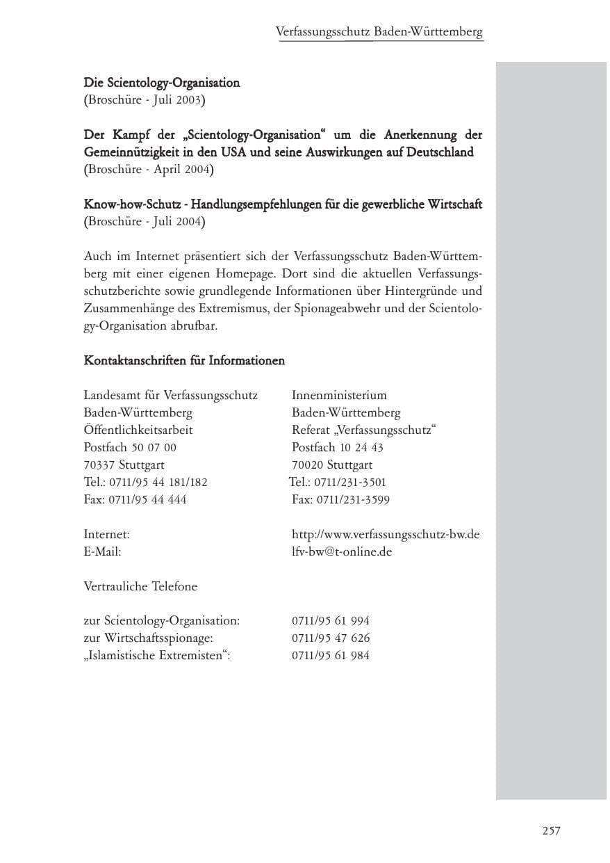 Seite 258 des Verfassungsschutzbericht 2004 Baden-Württemberg