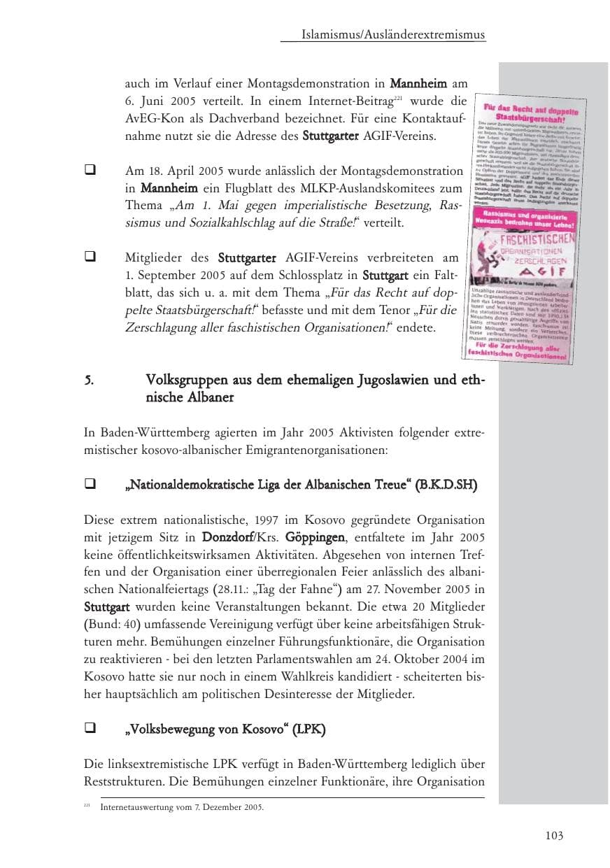 Seite 104 des Verfassungsschutzbericht 2005 Baden-Württemberg