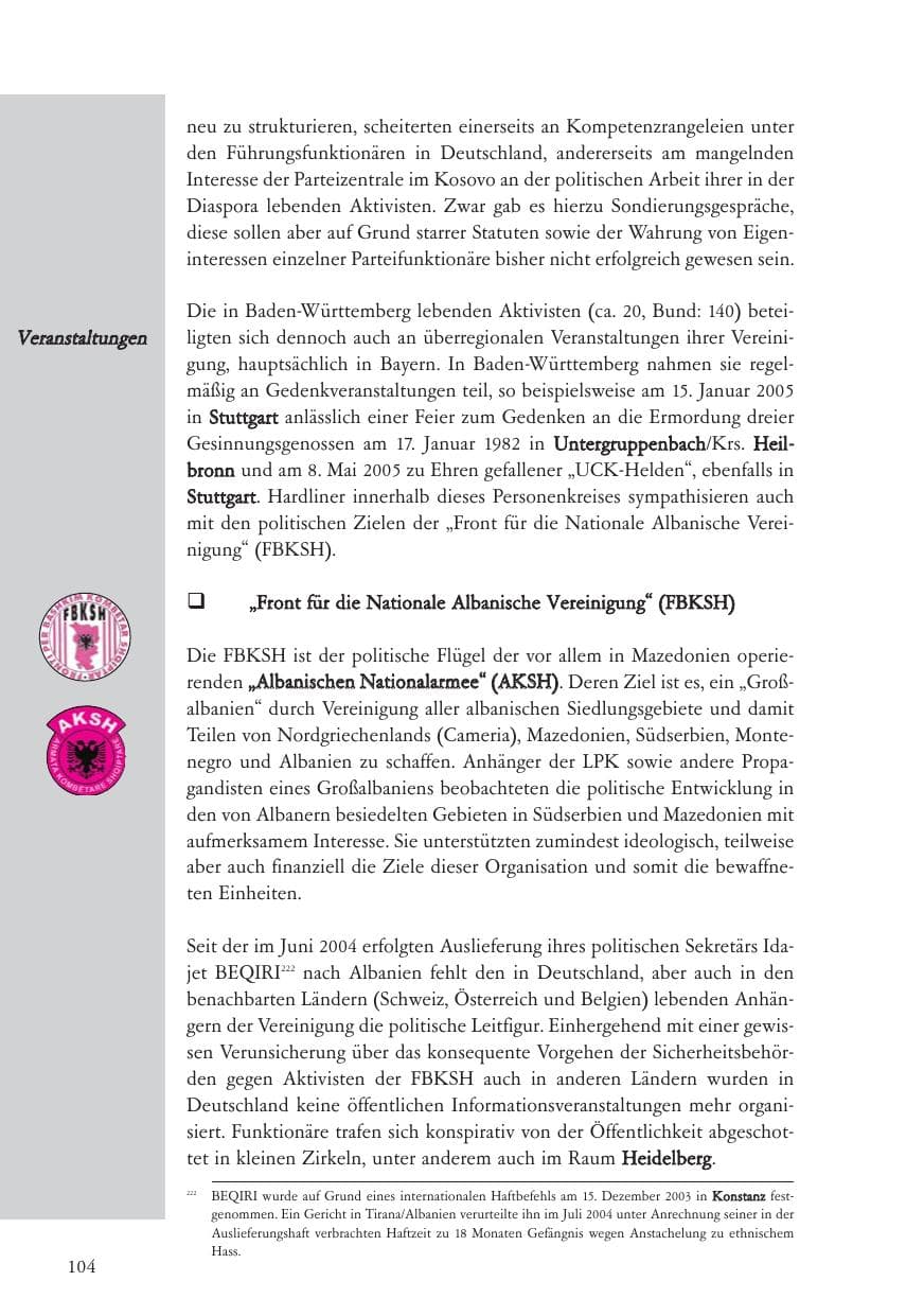 Seite 105 des Verfassungsschutzbericht 2005 Baden-Württemberg