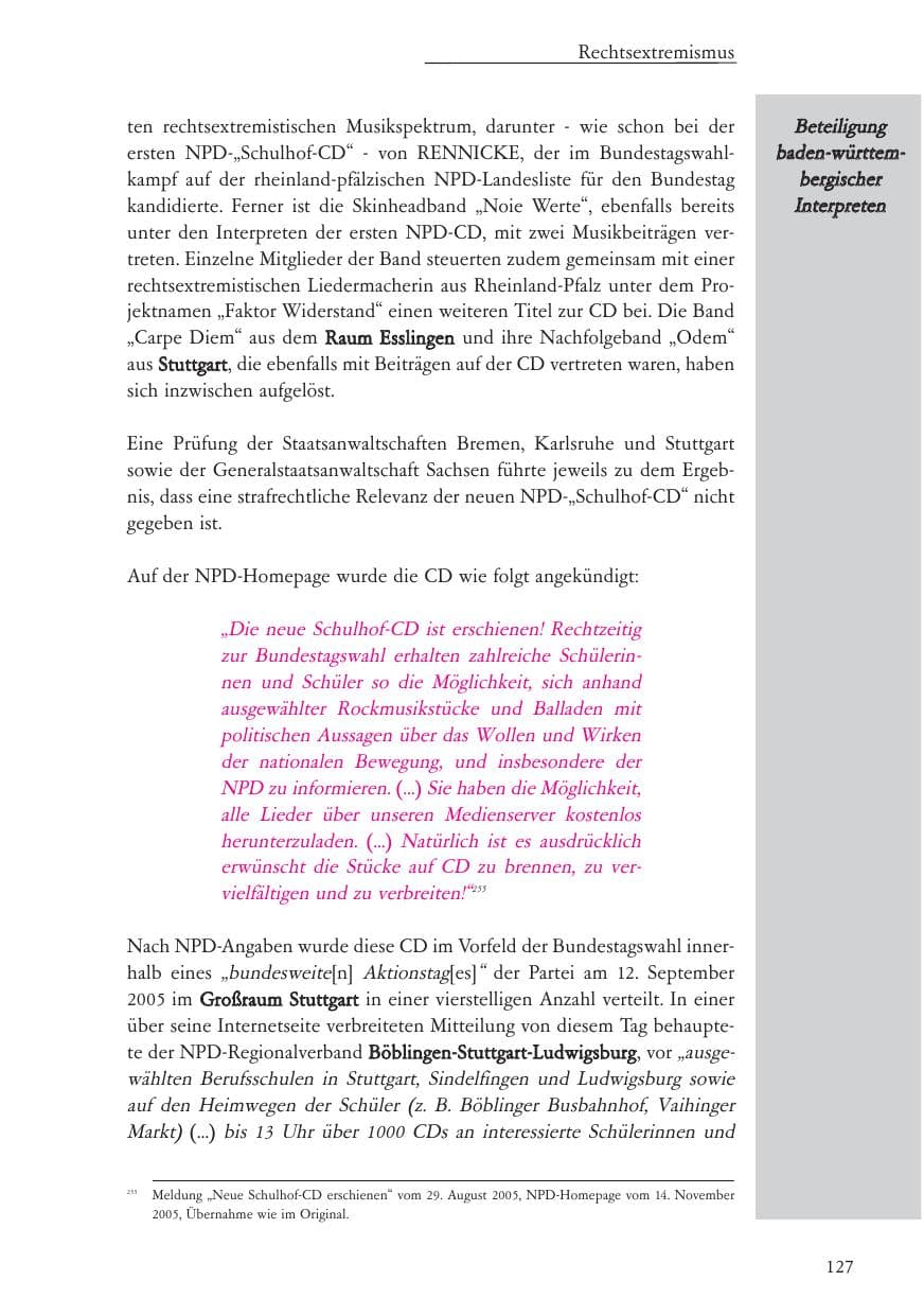 Seite 128 des Verfassungsschutzbericht 2005 Baden-Württemberg