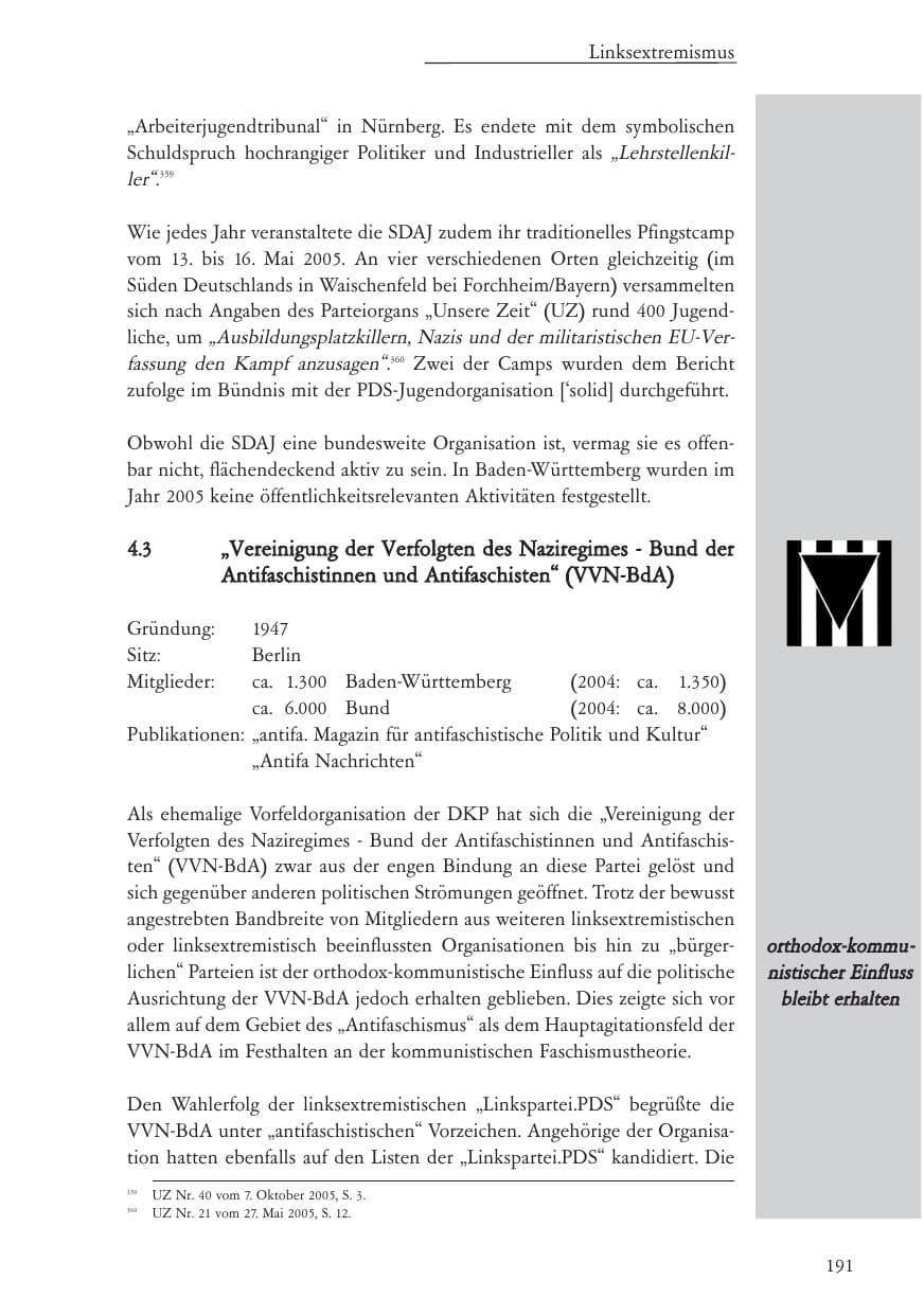 Seite 192 des Verfassungsschutzbericht 2005 Baden-Württemberg