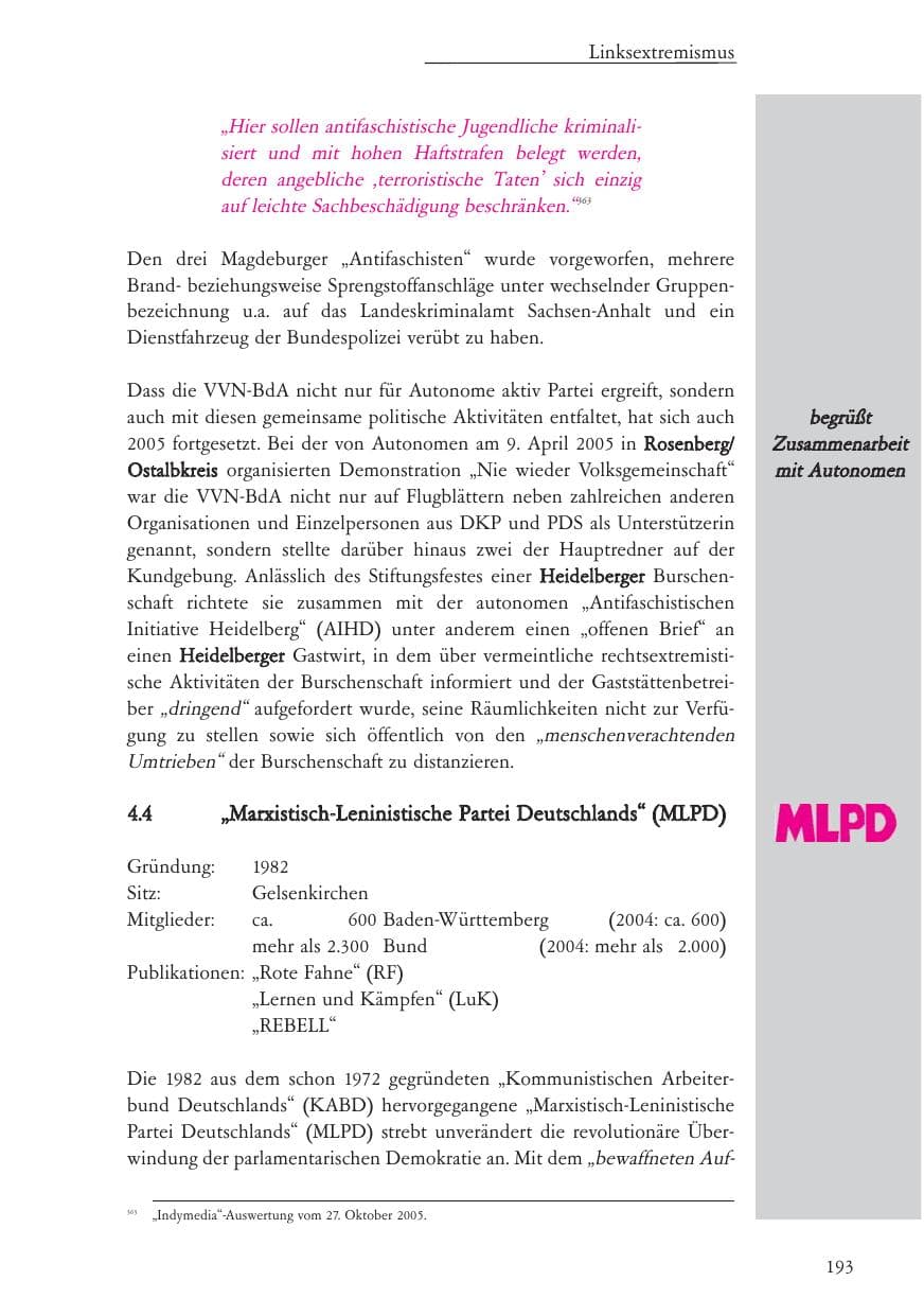 Seite 194 des Verfassungsschutzbericht 2005 Baden-Württemberg