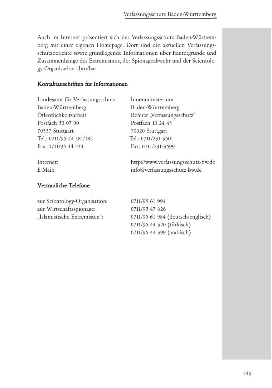 Seite 250 des Verfassungsschutzbericht 2005 Baden-Württemberg