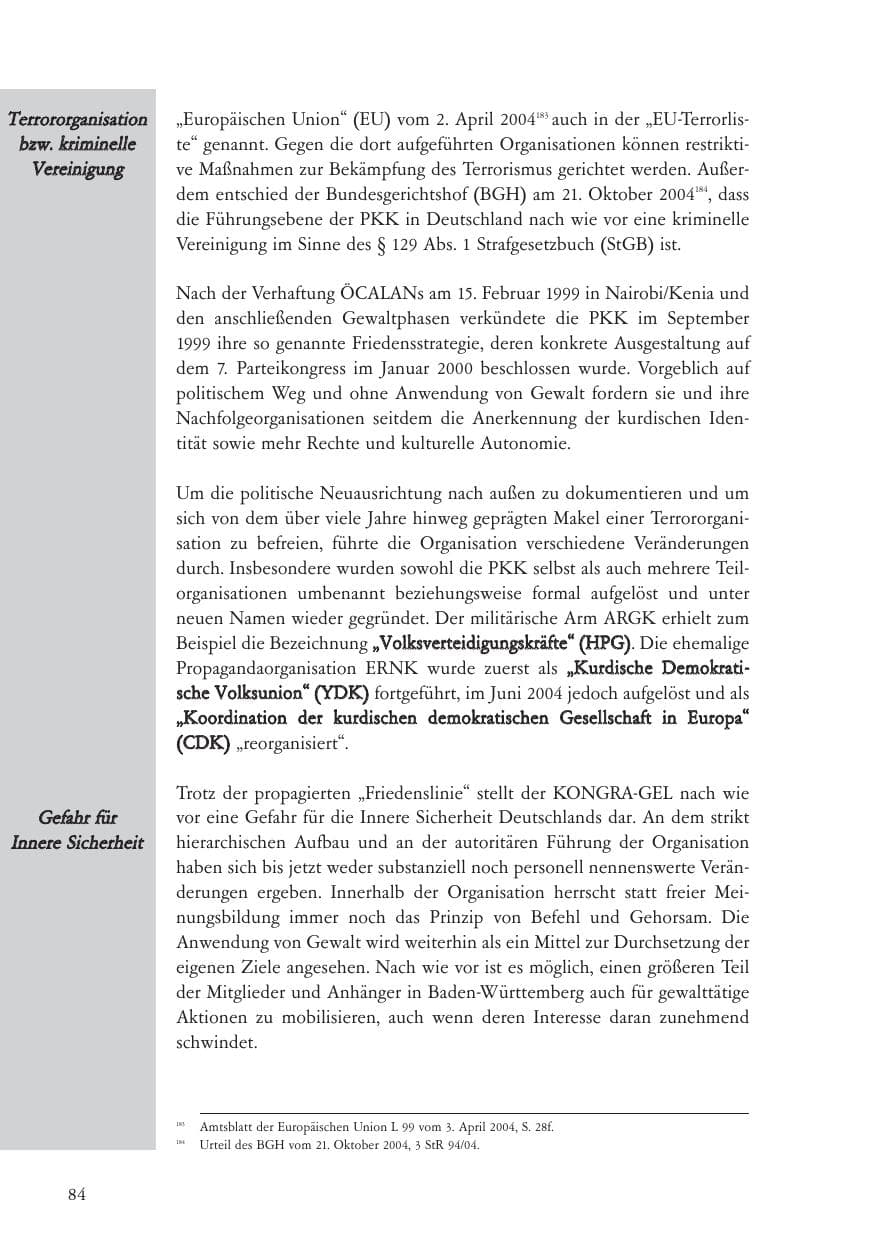Seite 85 des Verfassungsschutzbericht 2005 Baden-Württemberg