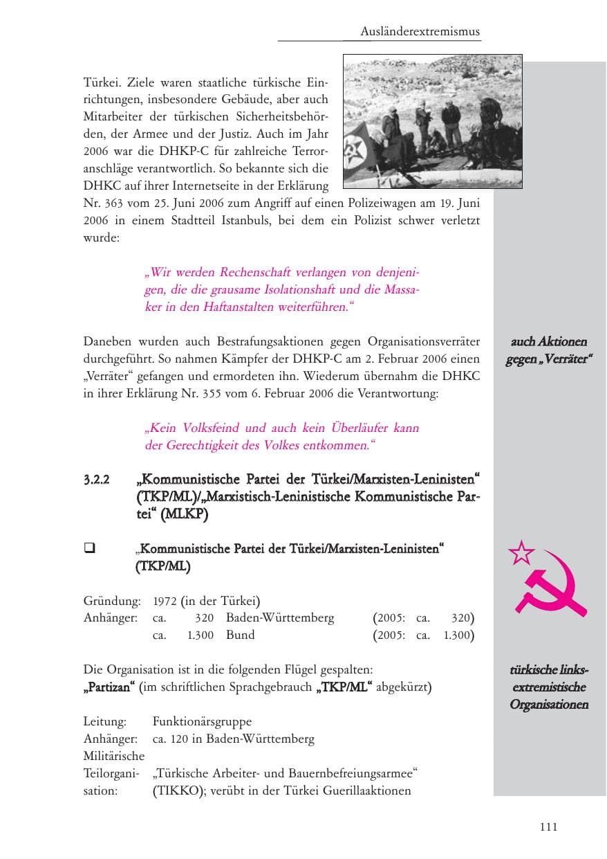 Seite 112 des Verfassungsschutzbericht 2006 Baden-Württemberg