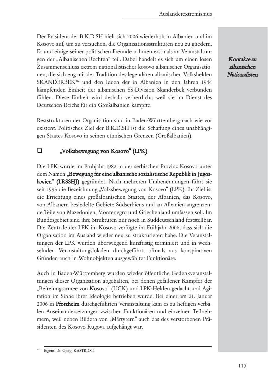 Seite 116 des Verfassungsschutzbericht 2006 Baden-Württemberg