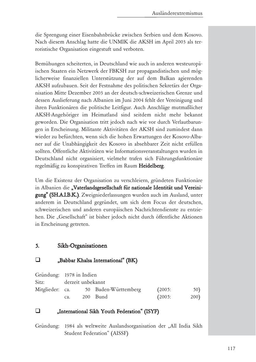 Seite 118 des Verfassungsschutzbericht 2006 Baden-Württemberg