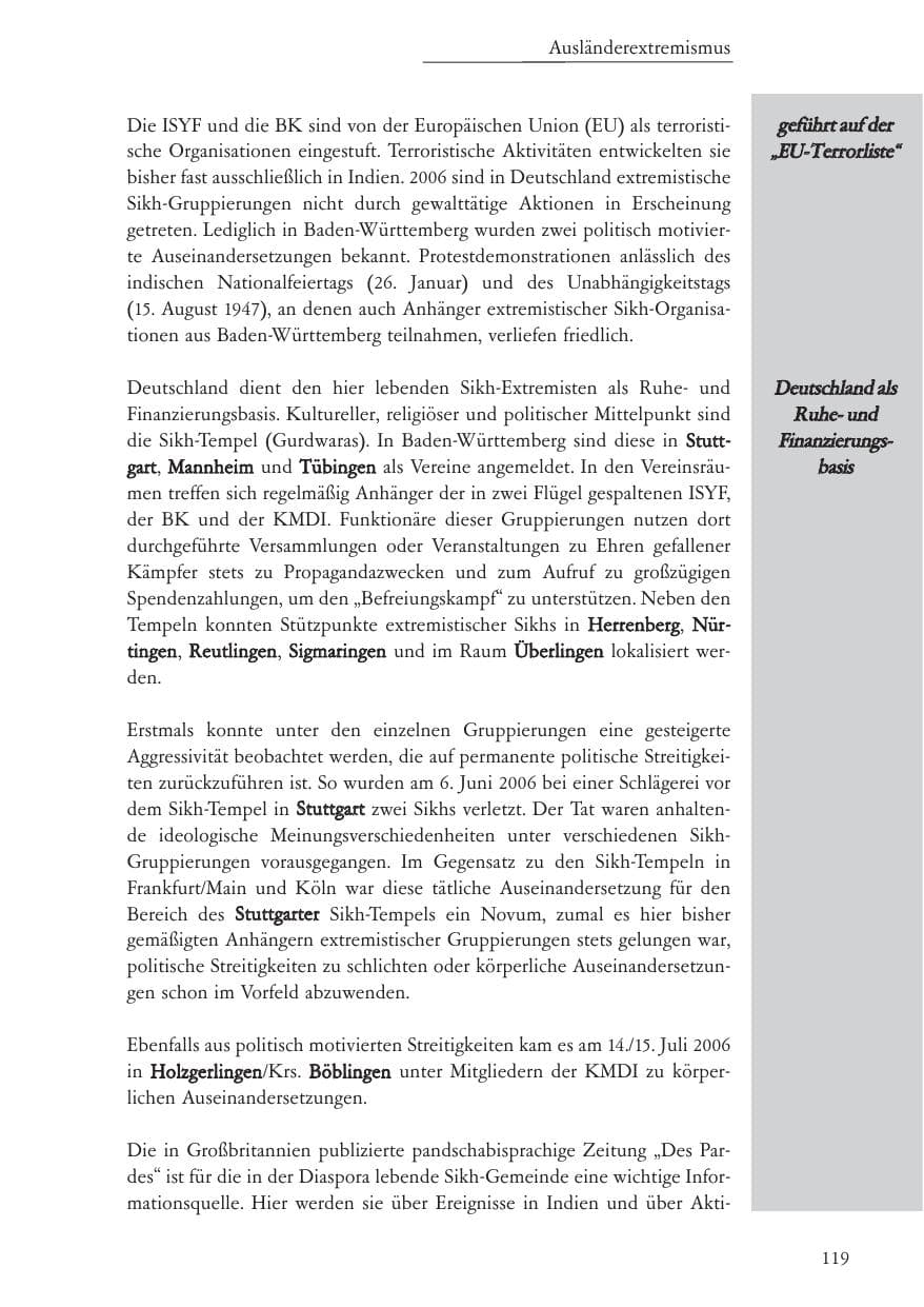 Seite 120 des Verfassungsschutzbericht 2006 Baden-Württemberg