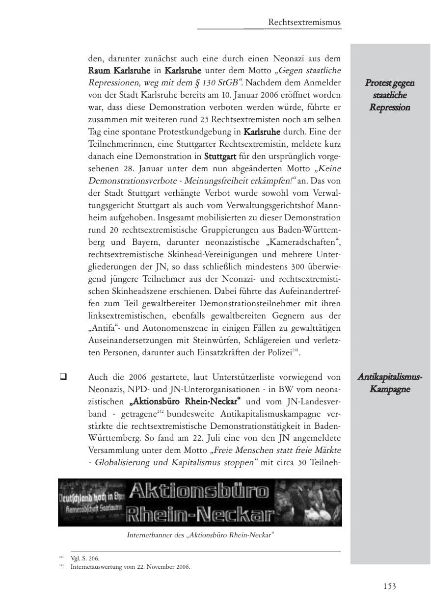 Seite 154 des Verfassungsschutzbericht 2006 Baden-Württemberg