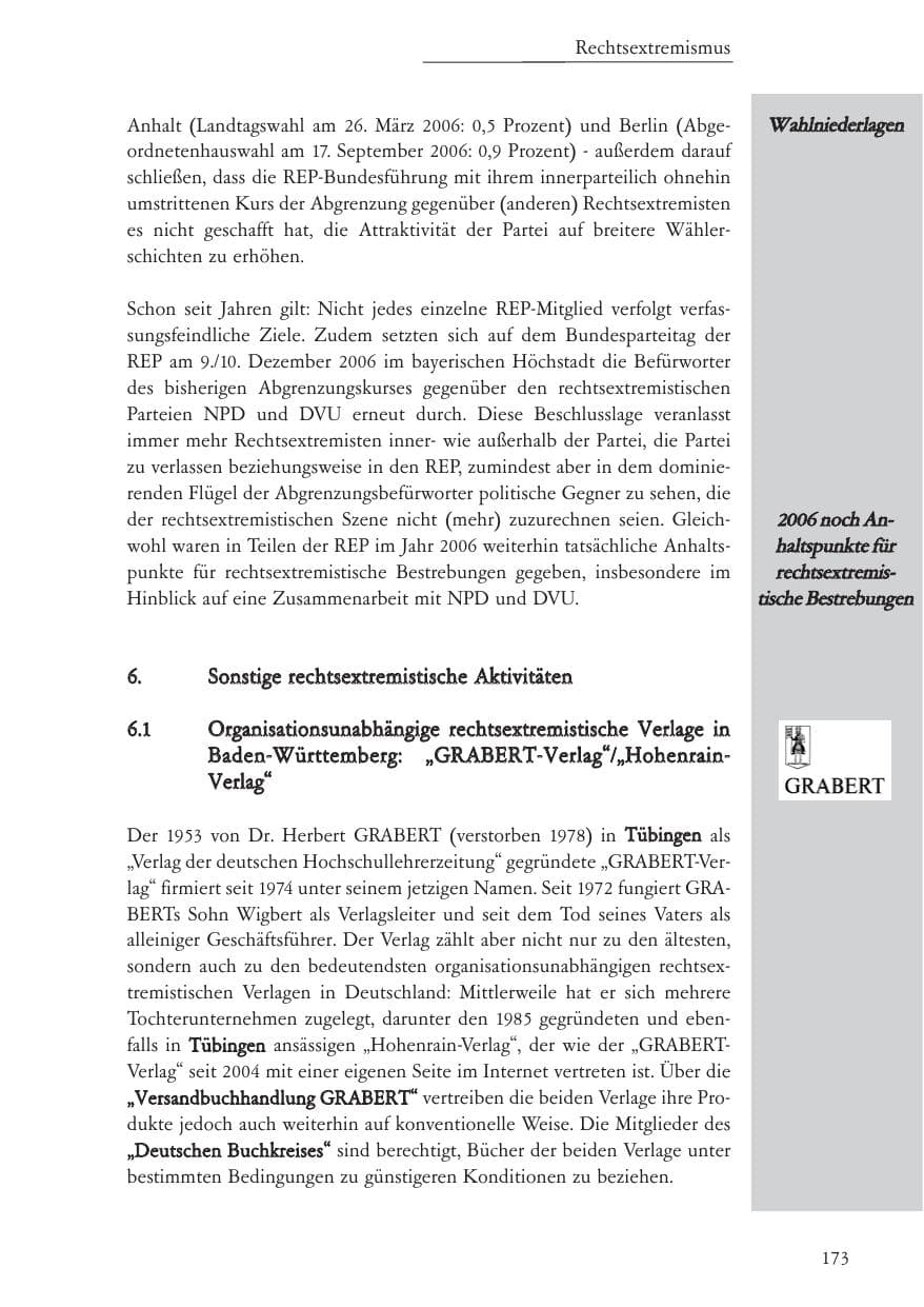 Seite 174 des Verfassungsschutzbericht 2006 Baden-Württemberg