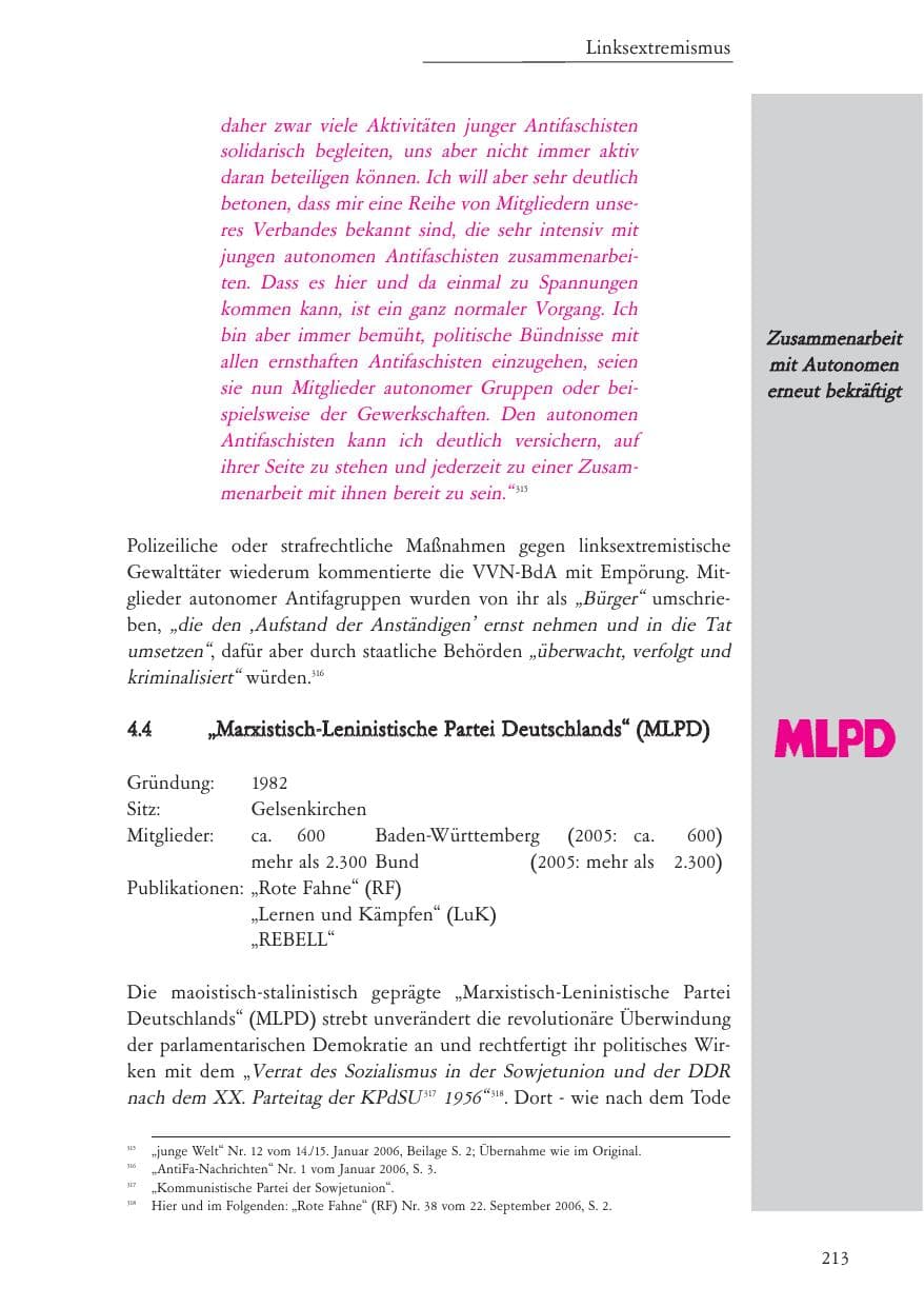 Seite 214 des Verfassungsschutzbericht 2006 Baden-Württemberg