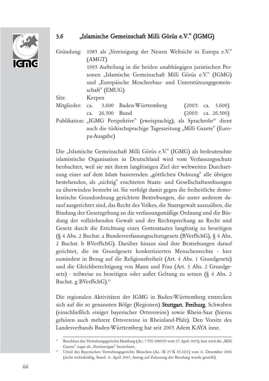 Seite 67 des Verfassungsschutzbericht 2006 Baden-Württemberg