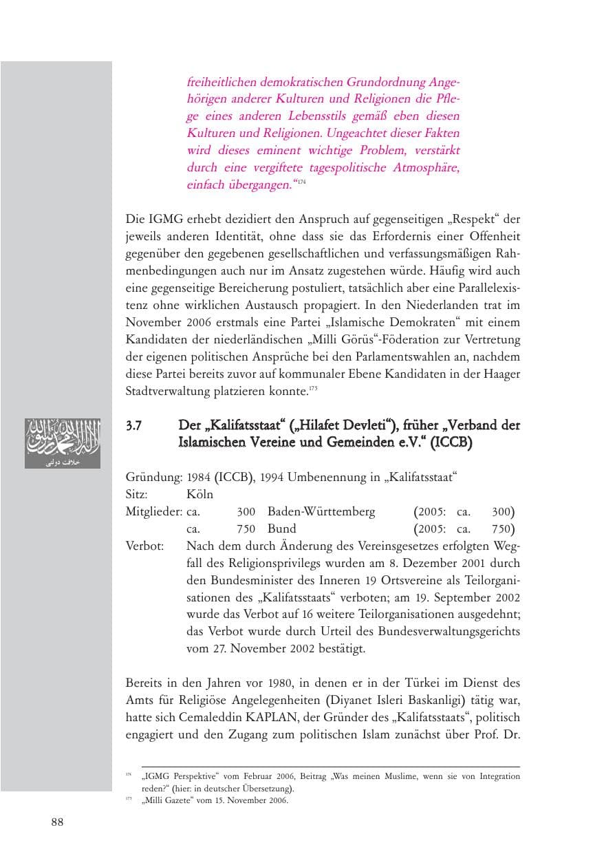 Seite 89 des Verfassungsschutzbericht 2006 Baden-Württemberg
