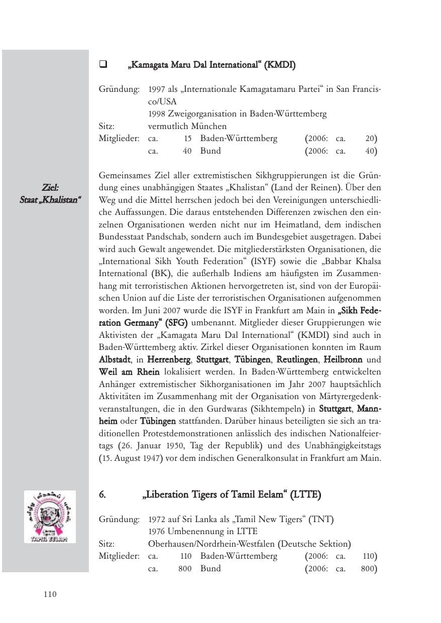 Seite 111 des Verfassungsschutzbericht 2007 Baden-Württemberg