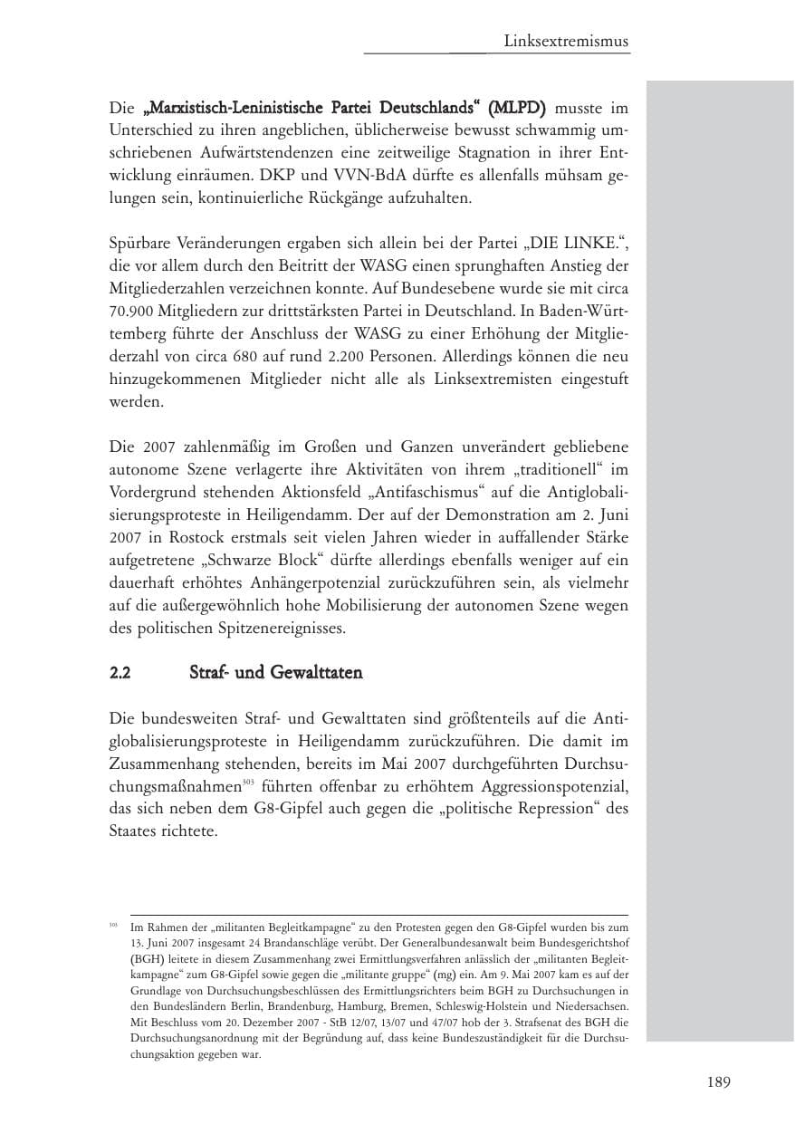 Seite 190 des Verfassungsschutzbericht 2007 Baden-Württemberg
