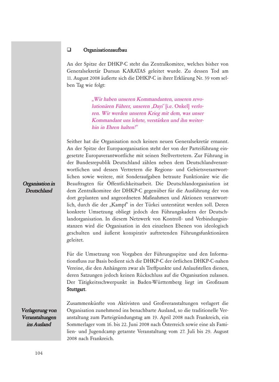 Seite 104 des Verfassungsschutzbericht 2008 Baden-Württemberg