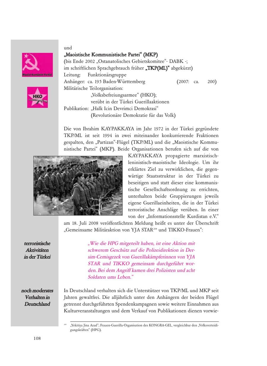 Seite 108 des Verfassungsschutzbericht 2008 Baden-Württemberg
