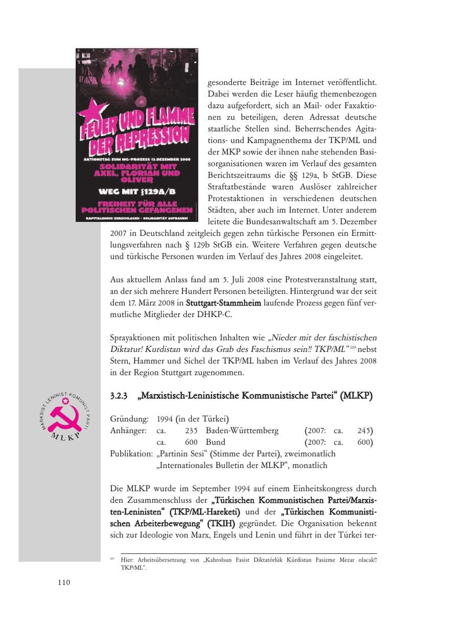 Seite 110 des Verfassungsschutzbericht 2008 Baden-Württemberg