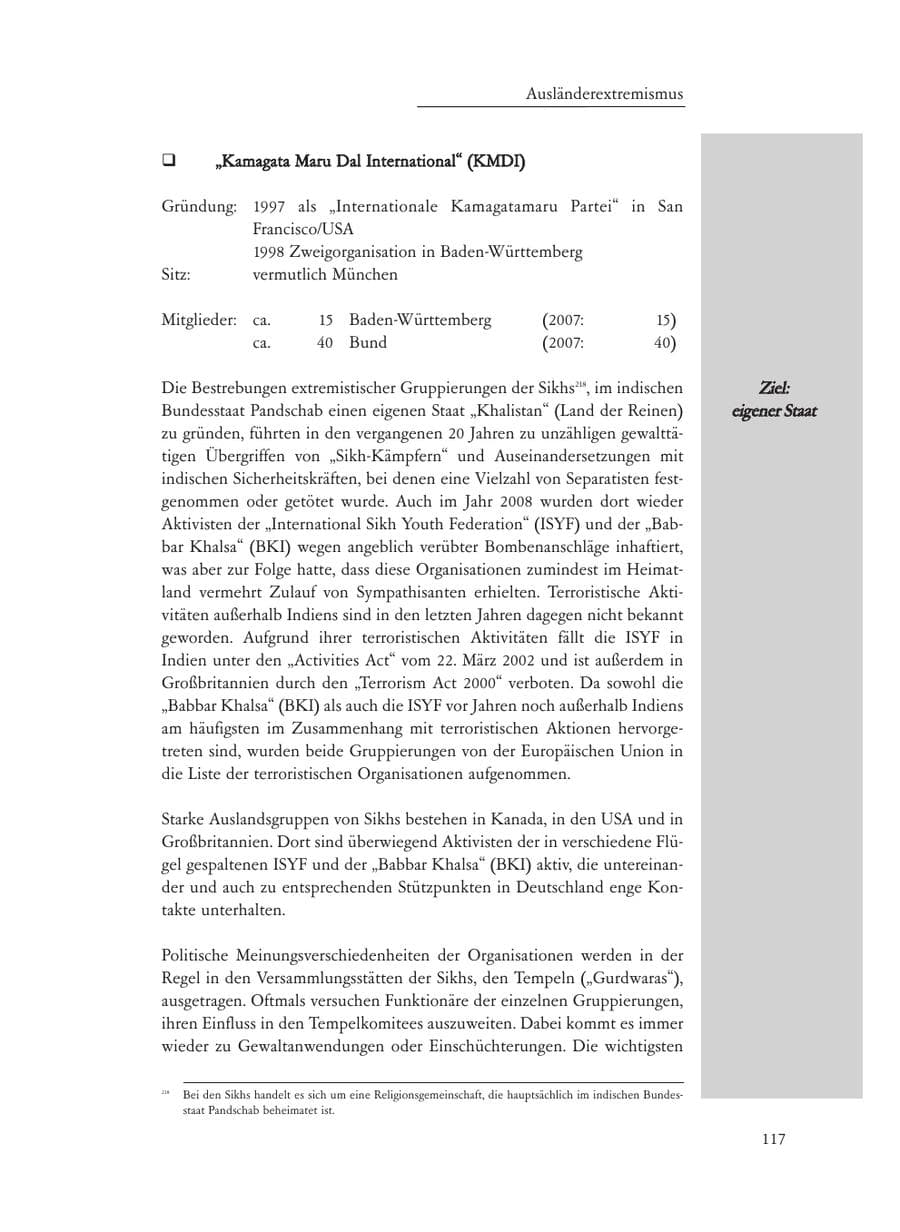 Seite 117 des Verfassungsschutzbericht 2008 Baden-Württemberg