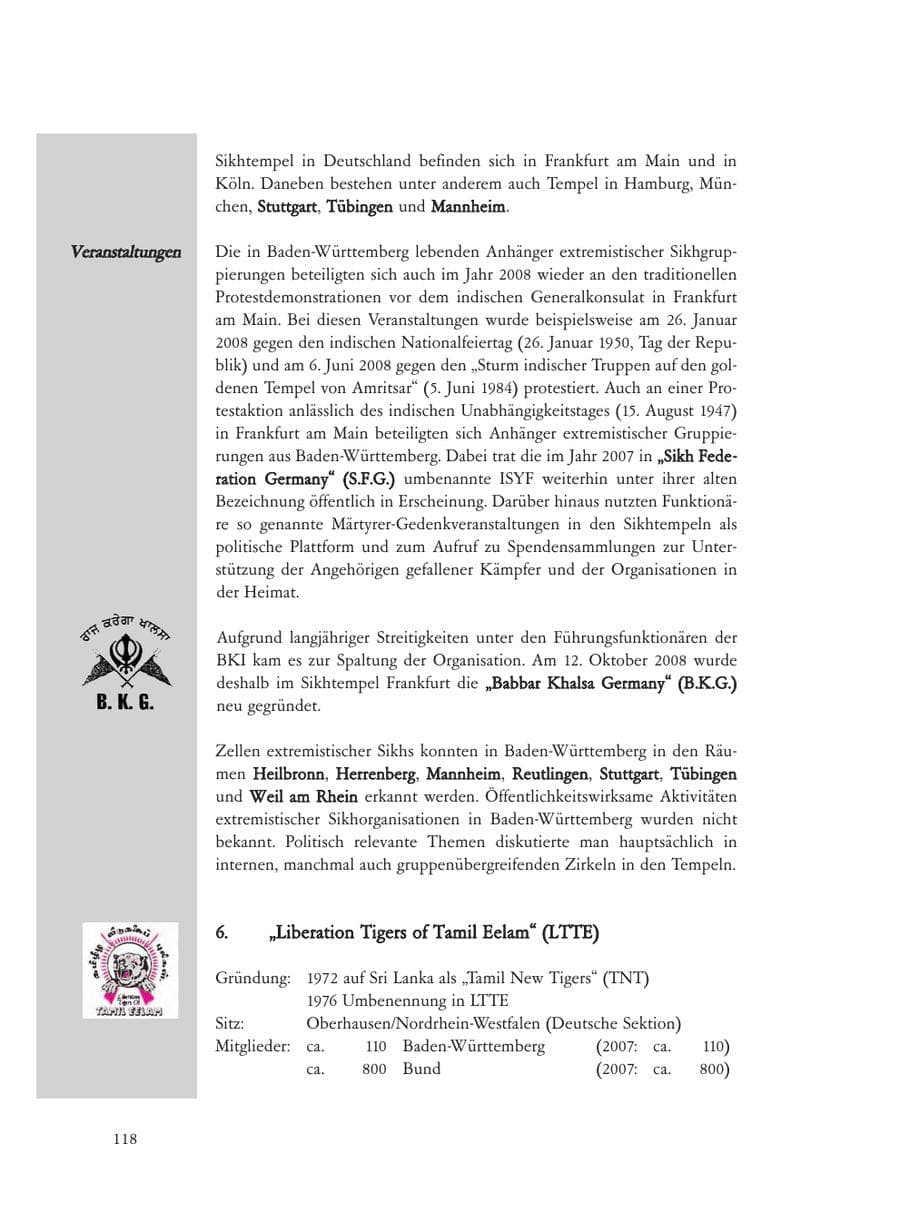 Seite 118 des Verfassungsschutzbericht 2008 Baden-Württemberg