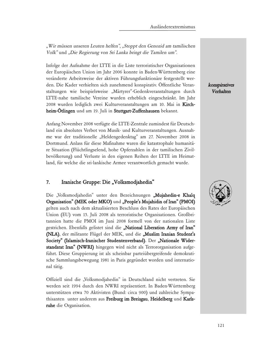Seite 121 des Verfassungsschutzbericht 2008 Baden-Württemberg