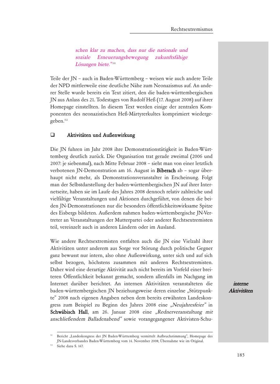 Seite 185 des Verfassungsschutzbericht 2008 Baden-Württemberg