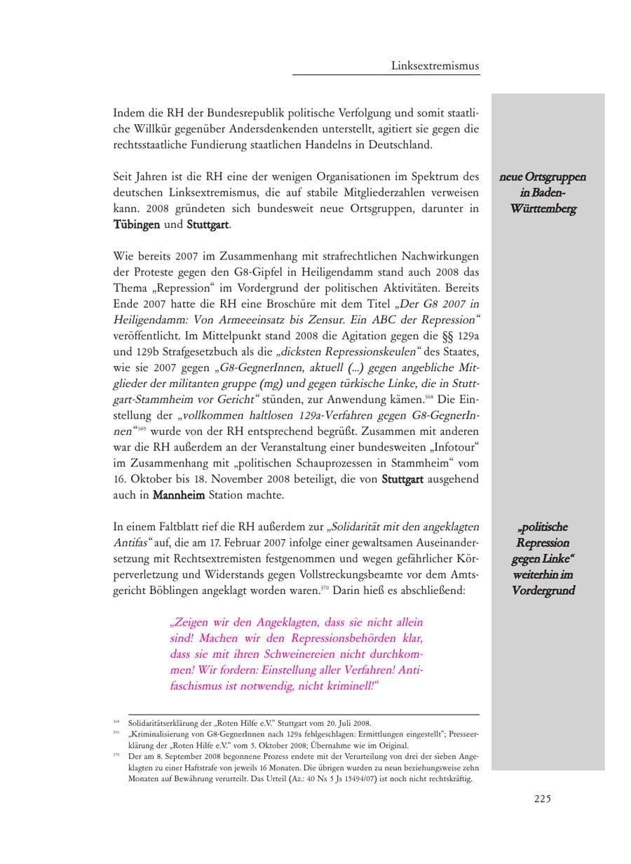 Seite 225 des Verfassungsschutzbericht 2008 Baden-Württemberg