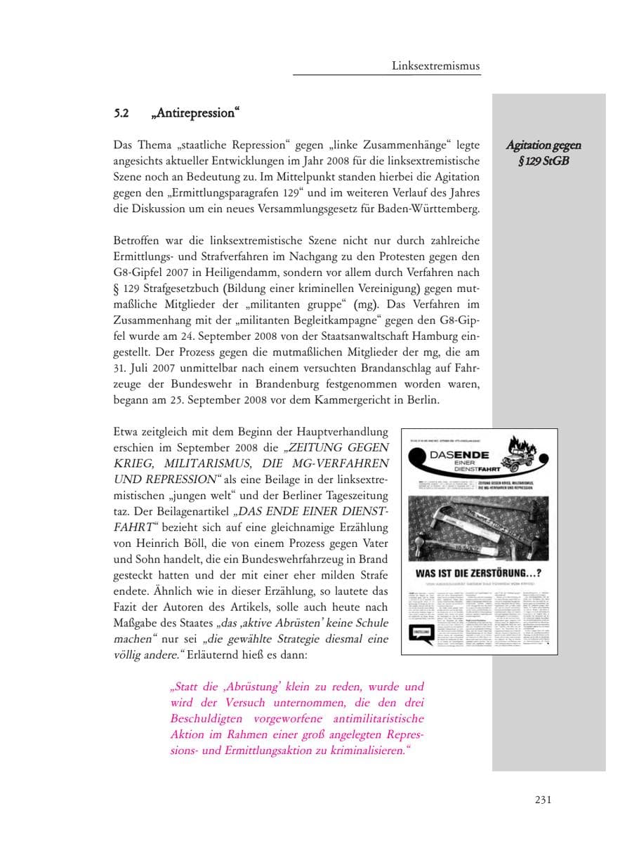 Seite 231 des Verfassungsschutzbericht 2008 Baden-Württemberg