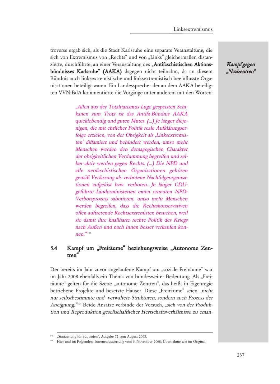 Seite 237 des Verfassungsschutzbericht 2008 Baden-Württemberg