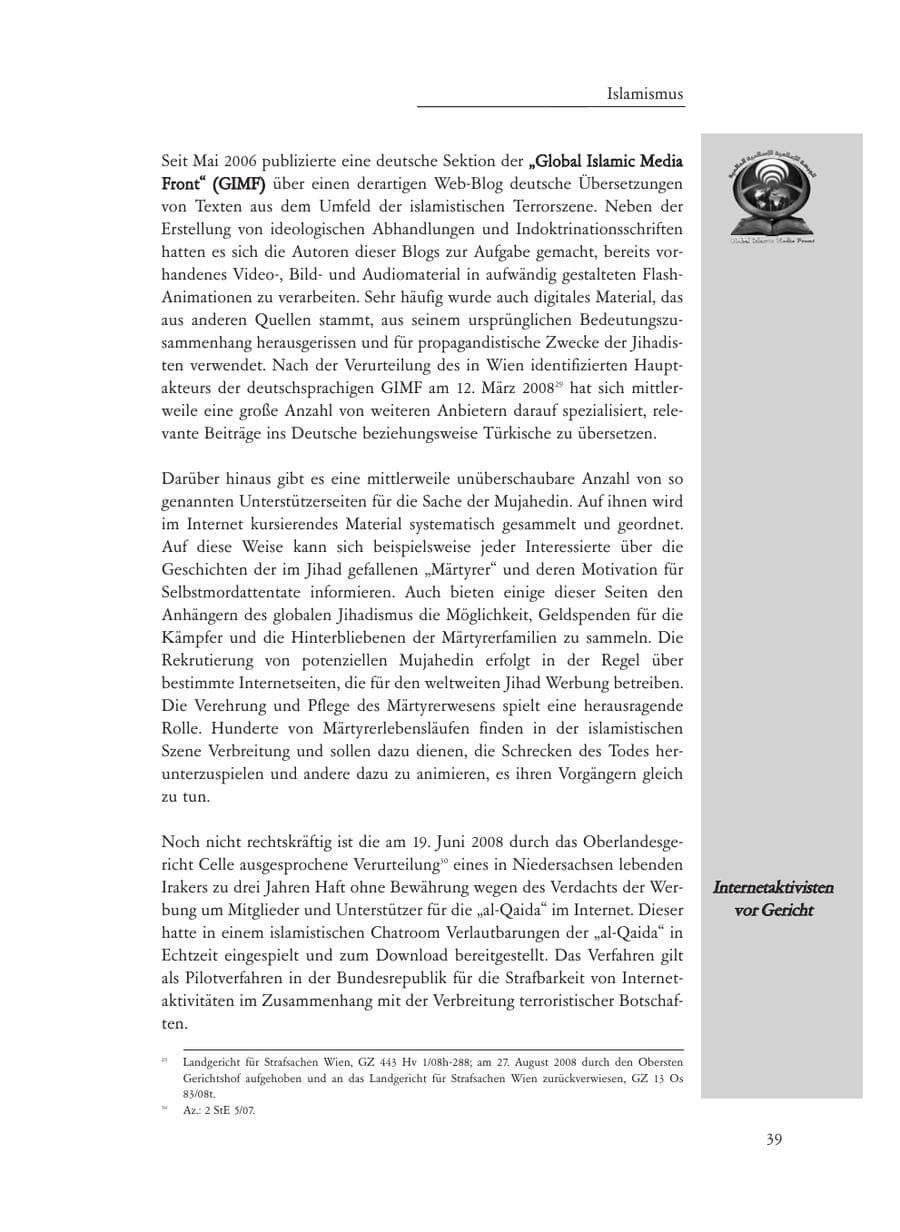 Seite 39 des Verfassungsschutzbericht 2008 Baden-Württemberg