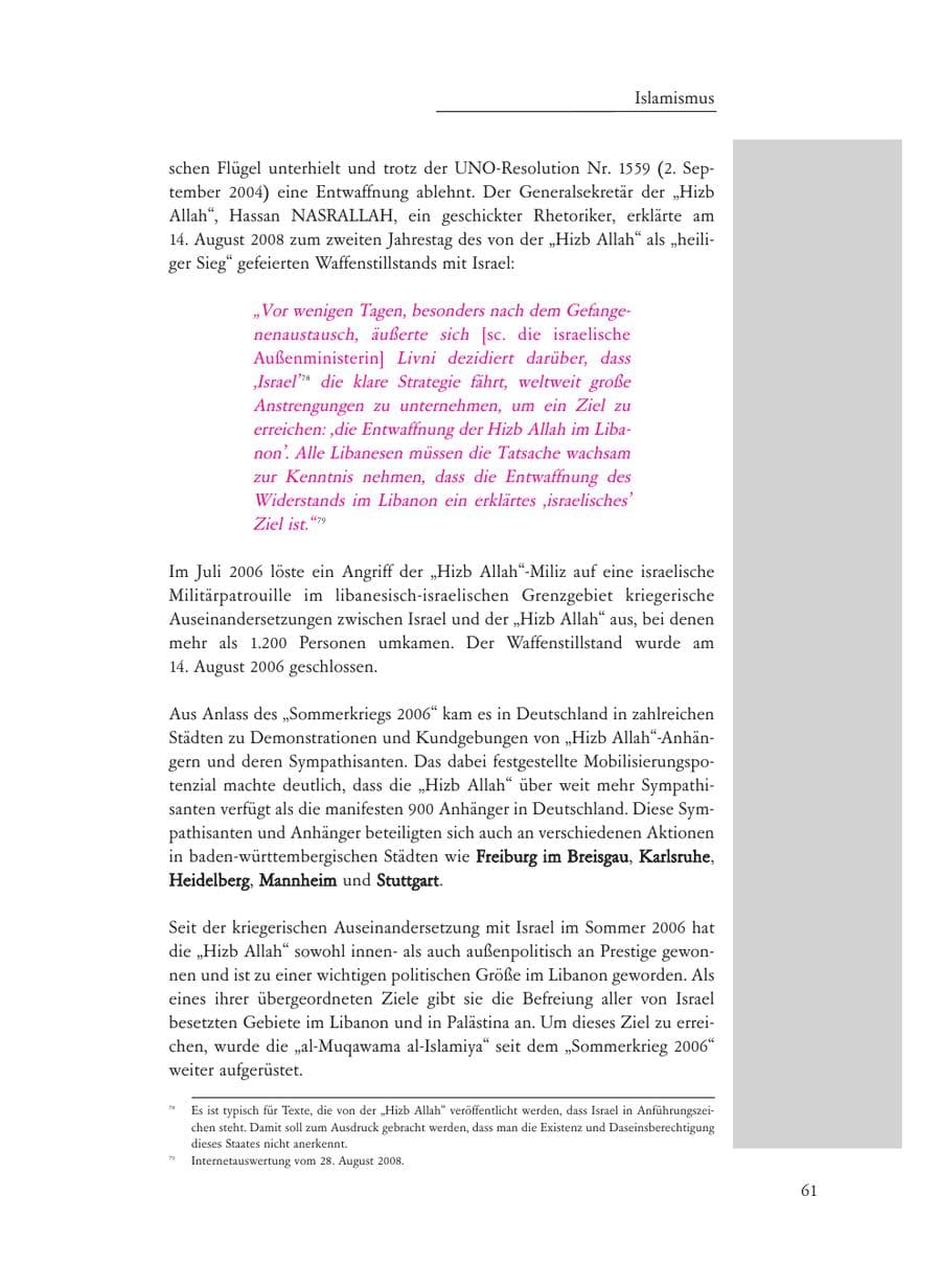 Seite 61 des Verfassungsschutzbericht 2008 Baden-Württemberg