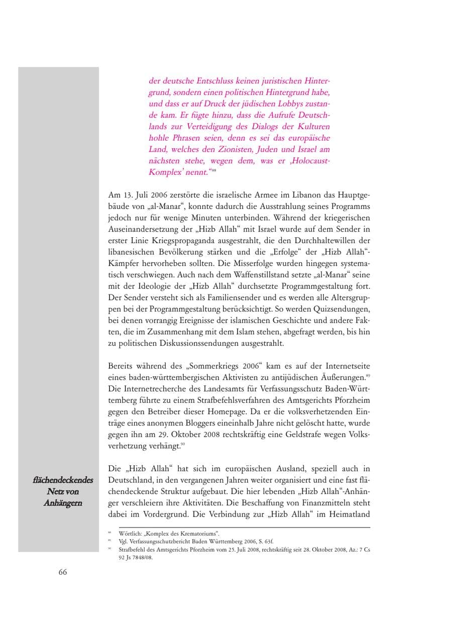 Seite 66 des Verfassungsschutzbericht 2008 Baden-Württemberg