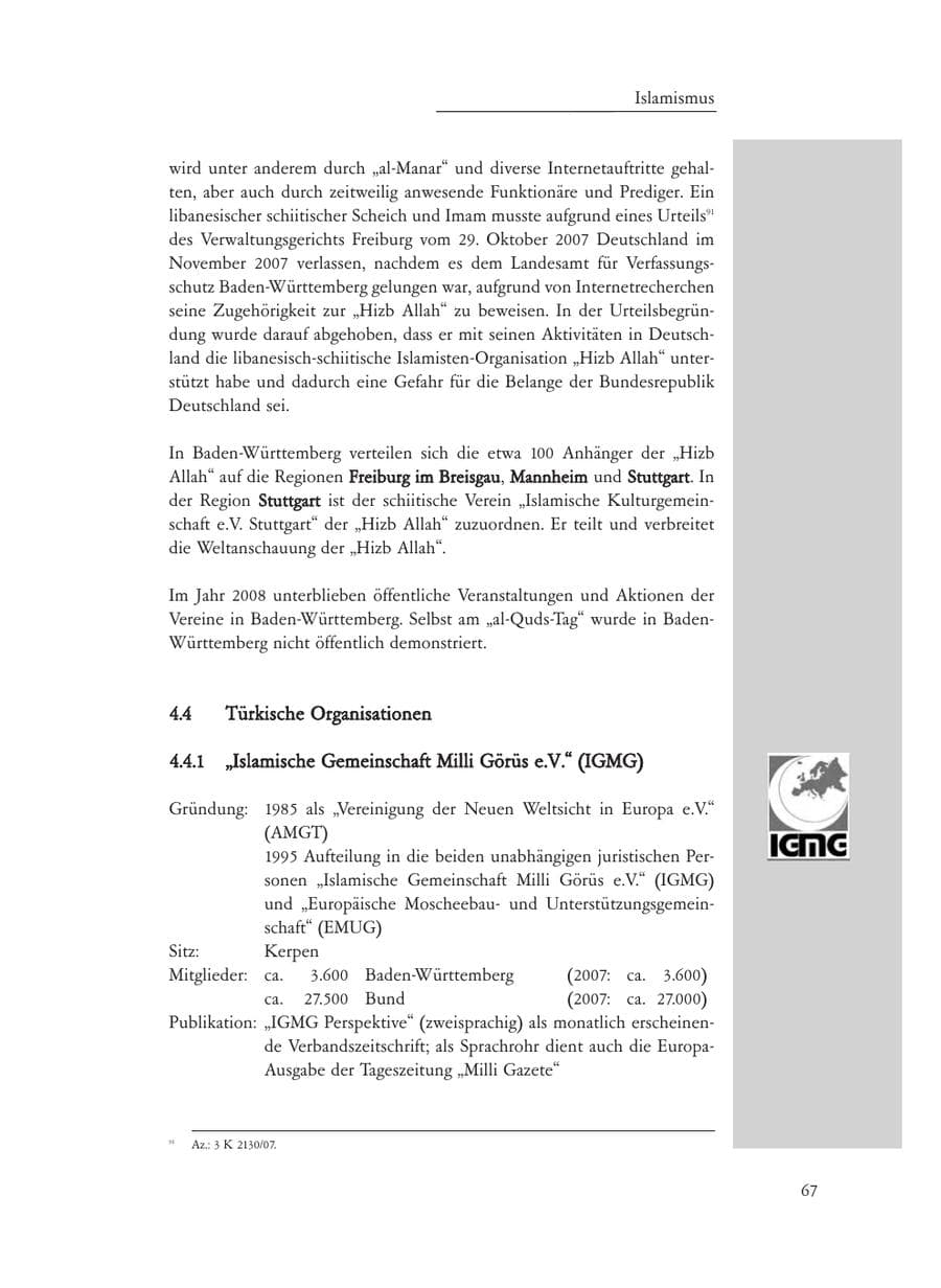 Seite 67 des Verfassungsschutzbericht 2008 Baden-Württemberg