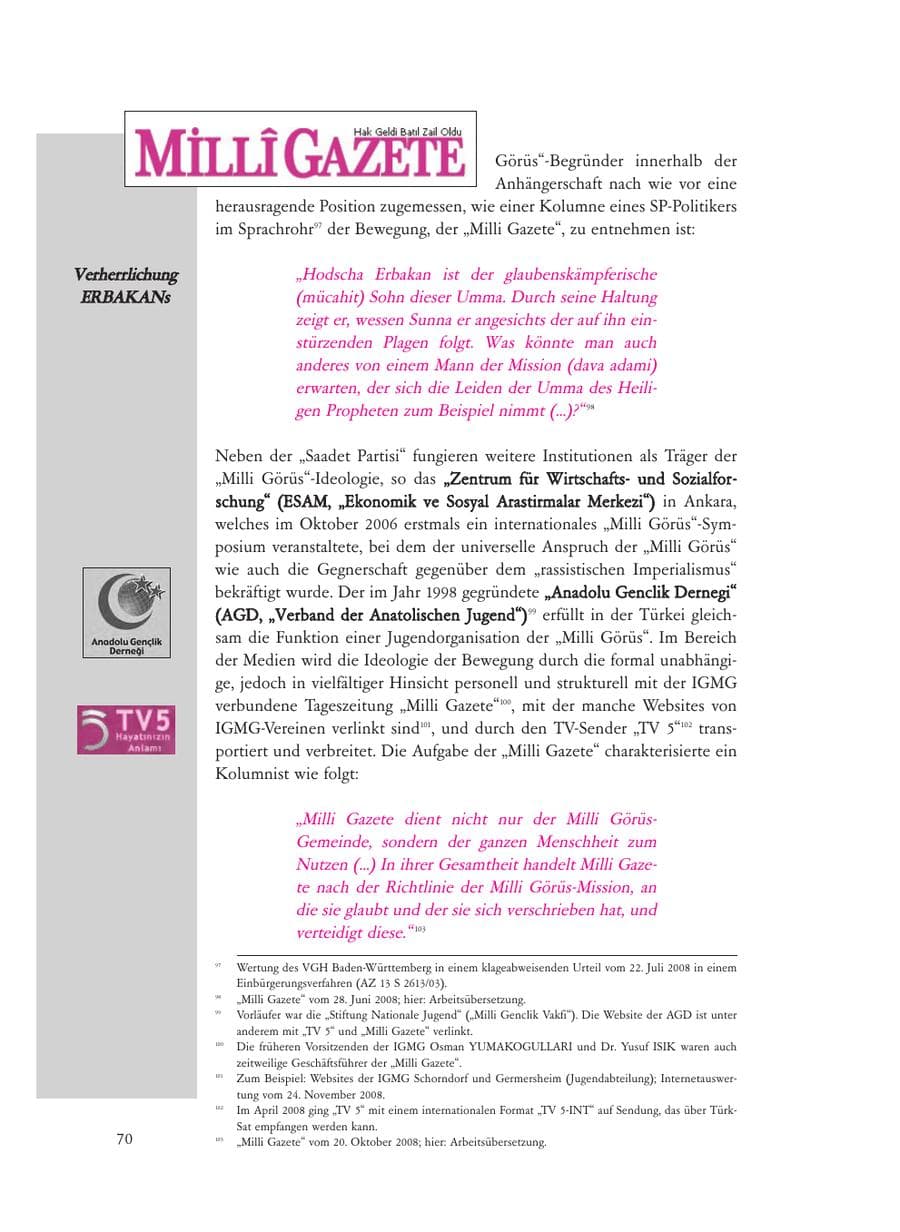 Seite 70 des Verfassungsschutzbericht 2008 Baden-Württemberg