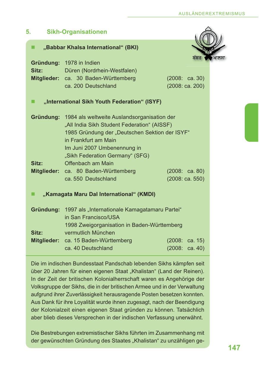 Seite 148 des Verfassungsschutzbericht 2009 Baden-Württemberg