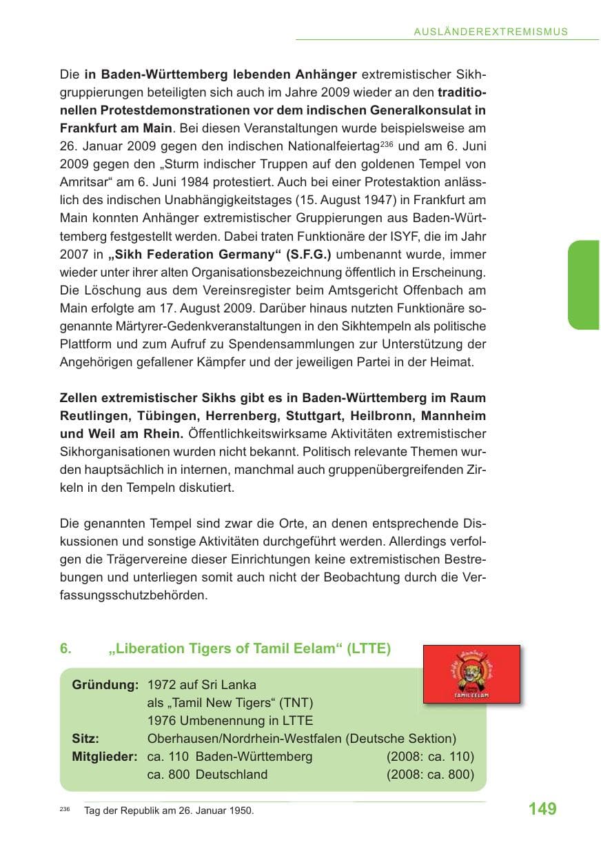 Seite 150 des Verfassungsschutzbericht 2009 Baden-Württemberg