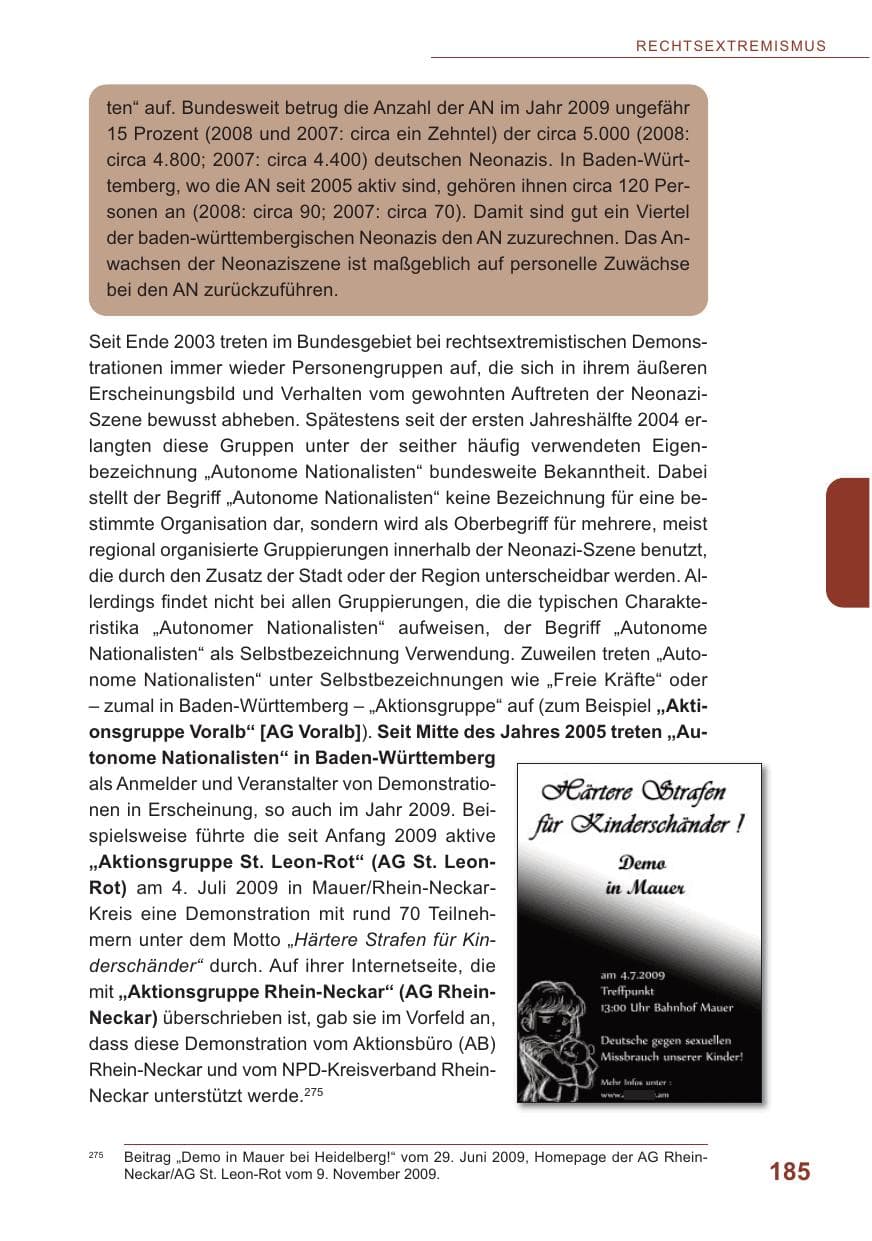 Seite 186 des Verfassungsschutzbericht 2009 Baden-Württemberg