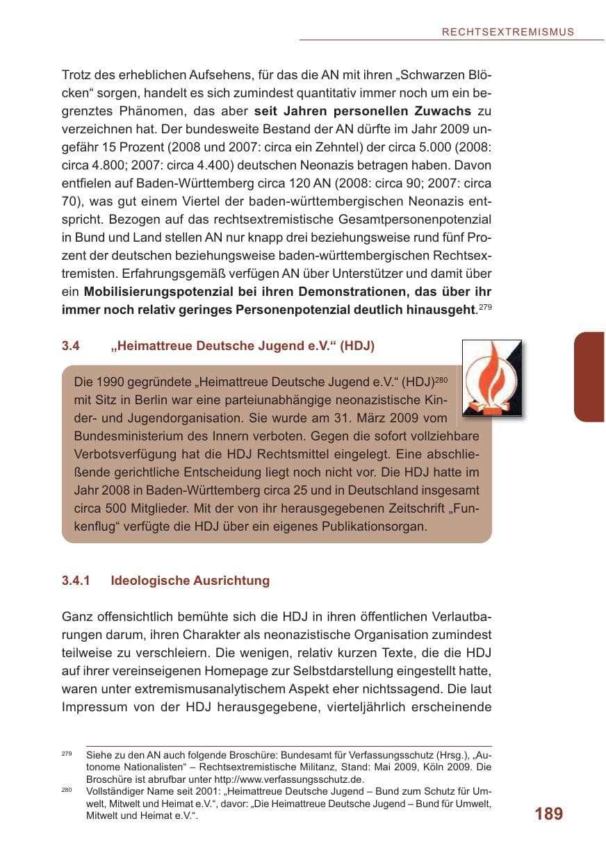 Seite 190 des Verfassungsschutzbericht 2009 Baden-Württemberg