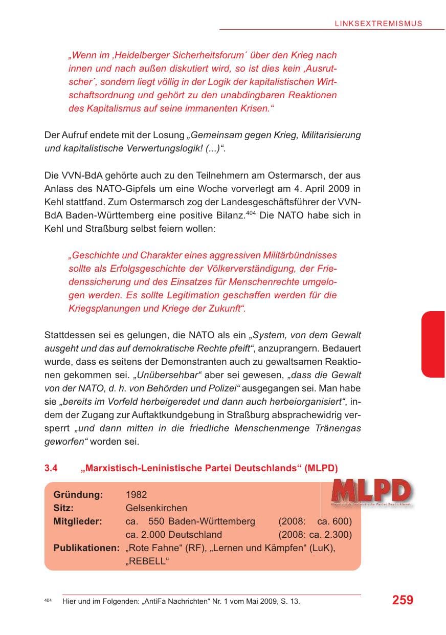 Seite 260 des Verfassungsschutzbericht 2009 Baden-Württemberg