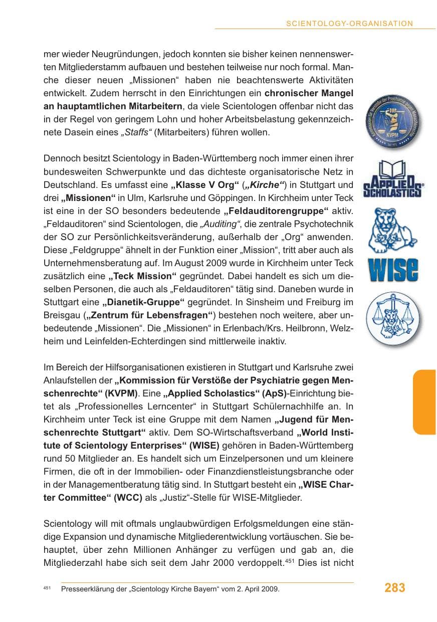 Seite 284 des Verfassungsschutzbericht 2009 Baden-Württemberg