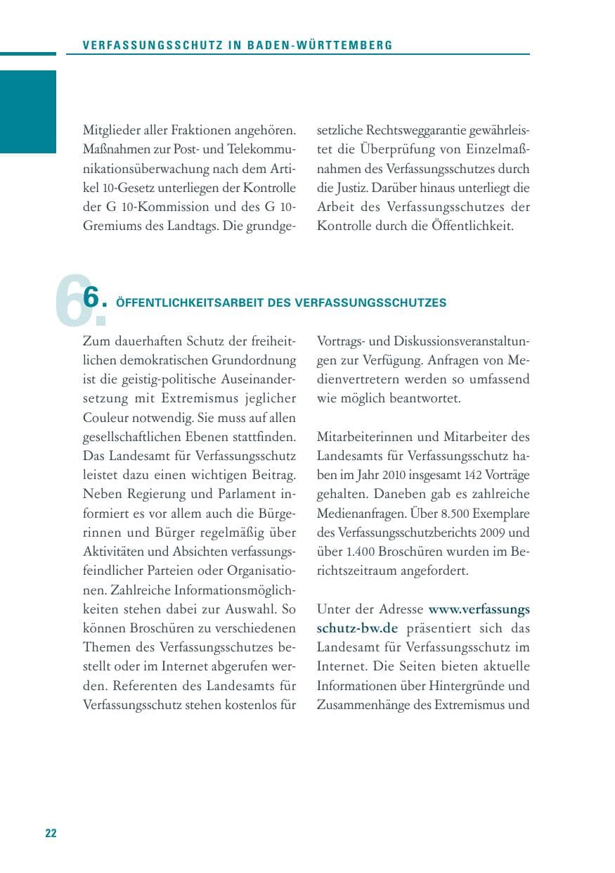 Seite 20 des Verfassungsschutzbericht 2010 Baden-Württemberg