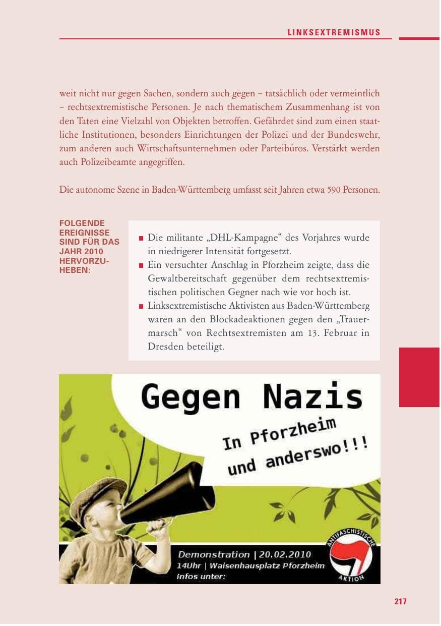 Seite 215 des Verfassungsschutzbericht 2010 Baden-Württemberg