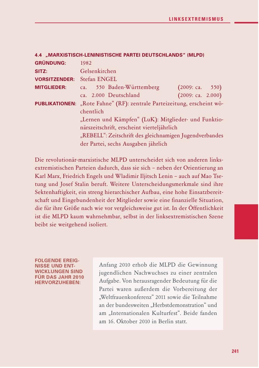 Seite 239 des Verfassungsschutzbericht 2010 Baden-Württemberg