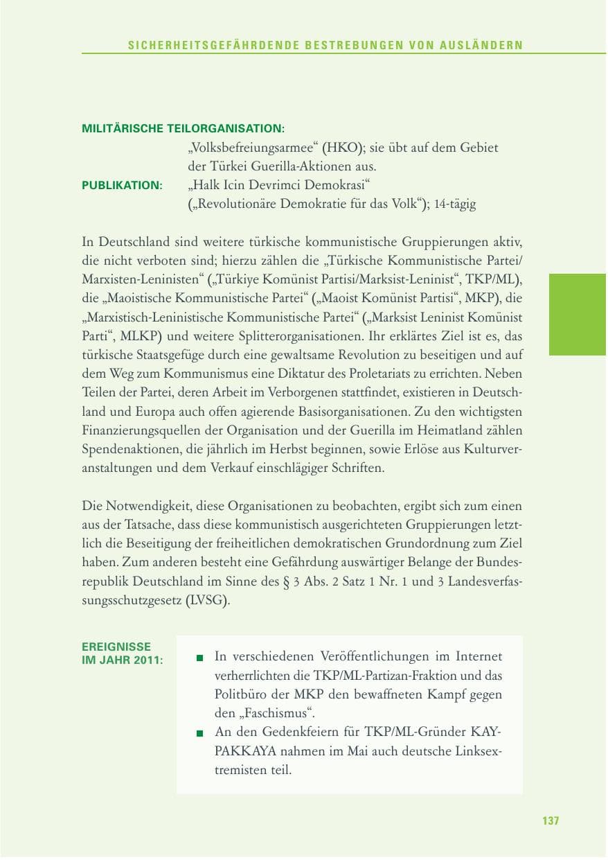 Seite 138 des Verfassungsschutzbericht 2011 Baden-Württemberg
