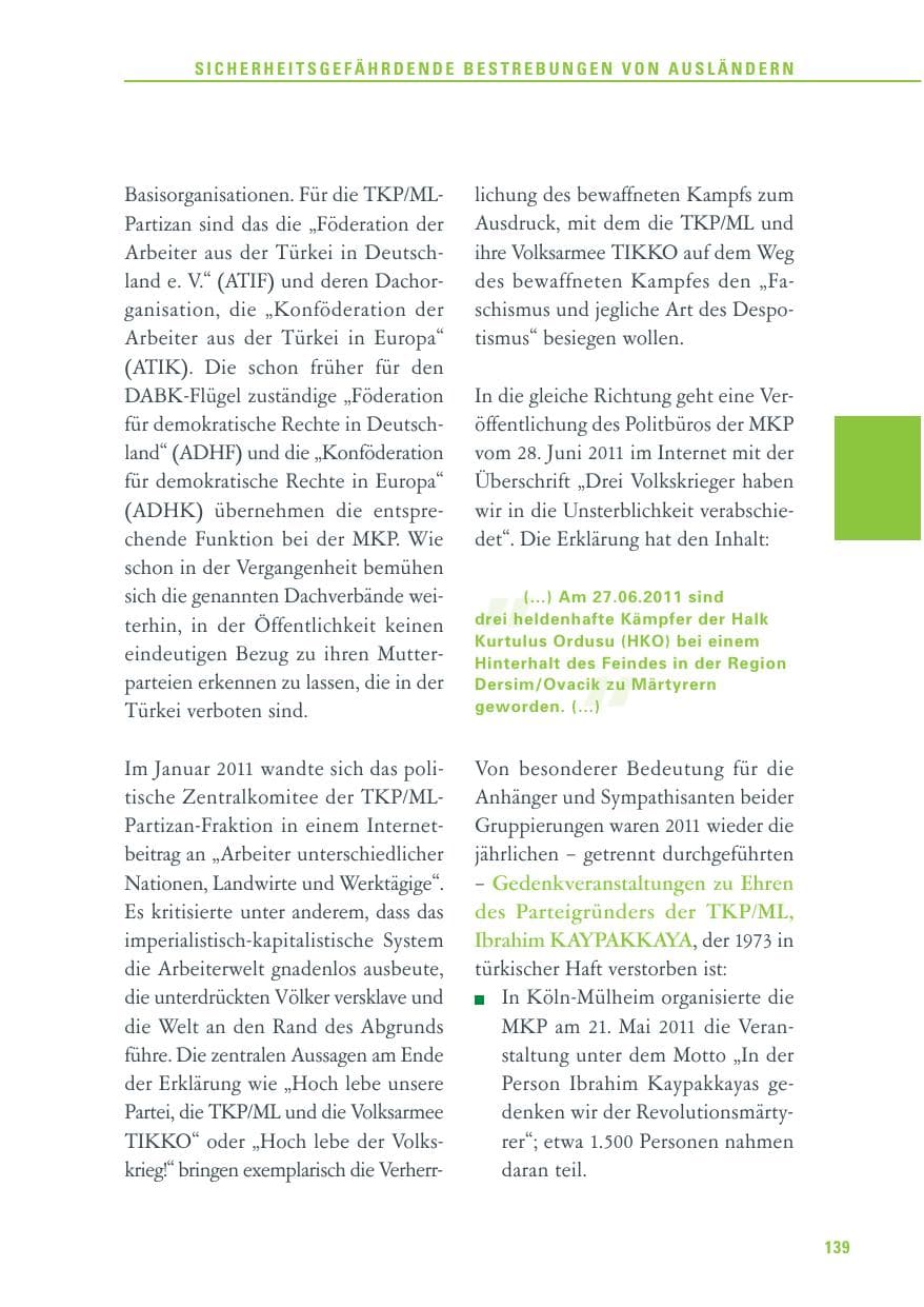Seite 140 des Verfassungsschutzbericht 2011 Baden-Württemberg
