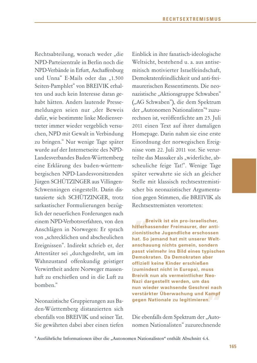 Seite 166 des Verfassungsschutzbericht 2011 Baden-Württemberg