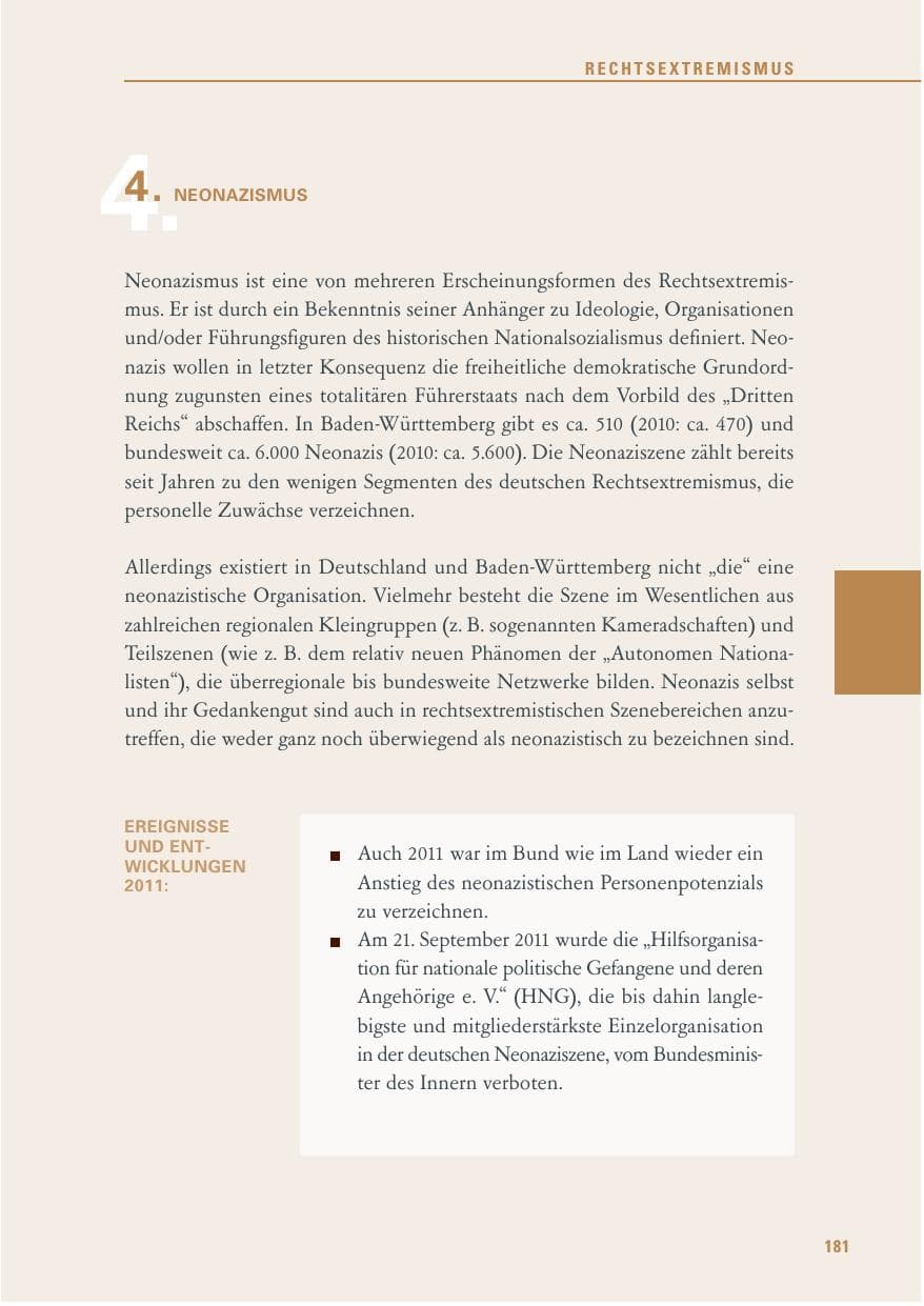 Seite 182 des Verfassungsschutzbericht 2011 Baden-Württemberg